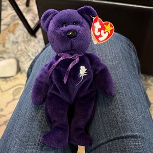 Ty Princess Bear Beanie Baby Plush Bear in Deep Purple with White Rose